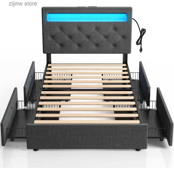 Otros suministros de ropa de cama Estructura de cama de doble tamaño con luces LED y estación de carga, ropa de cama con cajones, tablas de madera y fácil de montar Y240320