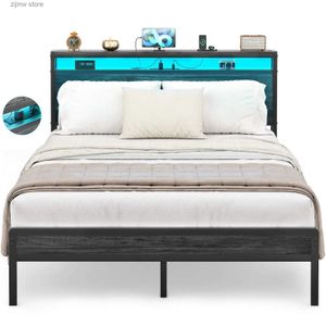 Otros suministros de ropa de cama Estructura de cama tamaño completo/king con estación de carga y luces LED y techo Camas dobles para adultos y adolescentes Camas individuales Y240320