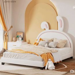 Otros suministros de ropa de cama Preciosa cama de princesa decorada con forma de conejo doble Marco de cama con plataforma de PU con marco de fideos planos dormitorio para niños blanco Y240