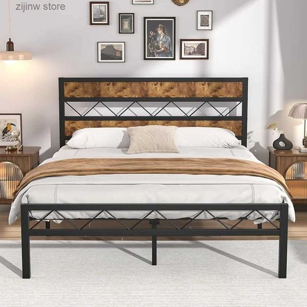 Otros suministros de ropa de cama Marco de cama con plataforma de metal Placa superior de madera vintage Soporte de placa de metal resistente Base de colchón sin necesidad de somieres Y240320