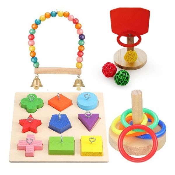 Autres Fournitures pour Oiseaux 4 Styles Ensemble de Jouets pour Oiseaux avec Bloc en Bois Puzzle Perroquet Formation Basket-Ball Coloré Anneaux Empilables Balançoire Perche 221122