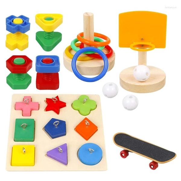 Autres fournitures d'oiseaux 5 pièces Ensemble de jouets d'entraînement comprenant un bloc de bois, un puzzle, des anneaux d'empilage de basket-ball, une planche à roulettes et des boulons