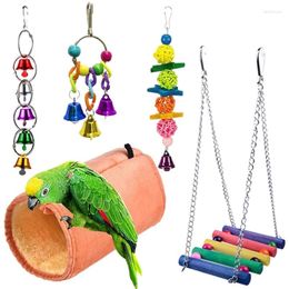 Otros suministros para pájaros 5 unids Conjunto de juguetes para mascotas Campanas colgantes coloridas Túnel de felpa suave Columpio de madera para periquito Cockatiel Parrot