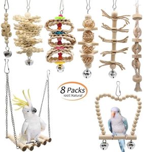 Autres fournitures d'oiseaux 8 PCS / Set à mastication des jouets Swing de perroquet avec une cloche améliorée Creative Wood Standing Hammock Cage