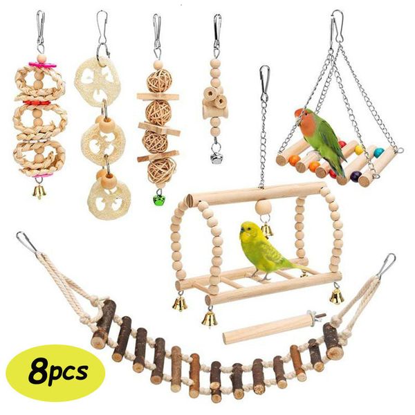 Otros suministros para pájaros 8PcsSet Bird Parrot Toys Columpio colgante de madera Hamaca Masticar Escaleras de escalada de pie Perchas Jaula para mascotas accesorios 221122