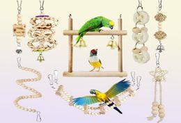 Andere vogelbenodigdheden 8pcset Parrot Toys houten hangende swing hangmat klimmende ladders zitplaatsen speelgoed Parakeet Cockatiels Cage C42OTH6253007