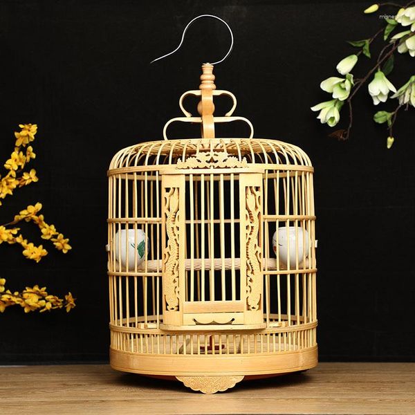 Otros suministros para pájaros Jaula de tordo de bambú hecha a mano Myna Boutique Conjunto grande de tallado antiguo de dos puertas