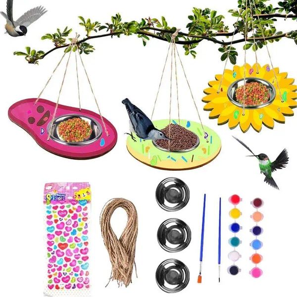 Autres fournitures d'oiseaux suspendues en bois de bobine de peinture en bois bol bol de nourriture avec des pigments de corde Autocollants Dispensateur Decors de la maison