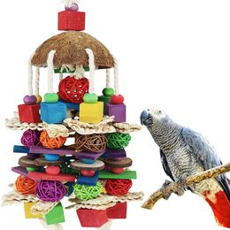 Autres fournitures d'oiseaux Grand perroquet à mâcher jouet blocs en bois naturels boule de rotin déchirure cage morsure pour aras gris africains cacatoès 230130