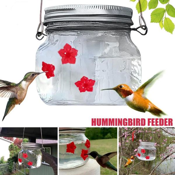 Otros suministros de aves Mason Jar Hummingbird Feedor Outkors Garden Hanging Accesorios 475 ml de vidrio duradero con 3 puertos de alimentación roja