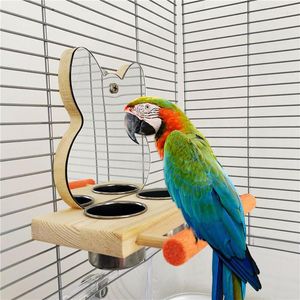 Autres fournitures d'oiseaux Miroir de perroquets en bois naturel avec tasses d'alimentation Bol oiseaux interactif jouet cage support de repos entraînement en plein air