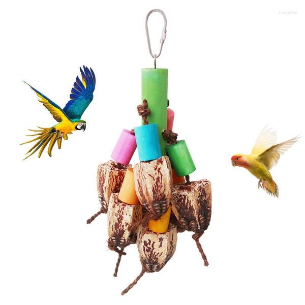 Autres fournitures d'oiseaux Perruche Jouets à mâcher en bois massif déchiquetage pour perroquet en quête de nourriture multicouche suspendue jouet multifonctionnel avec crochet en métal