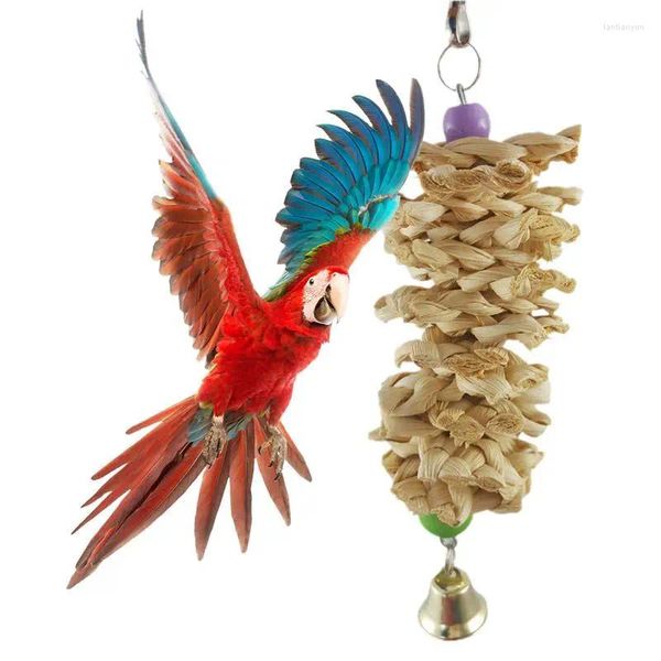Autres fournitures d'oiseau Toys mâcher la cage en pierre de broyage suspendu avec un jouet de perroquet à herbe tissé naturel de parakeet de cloche