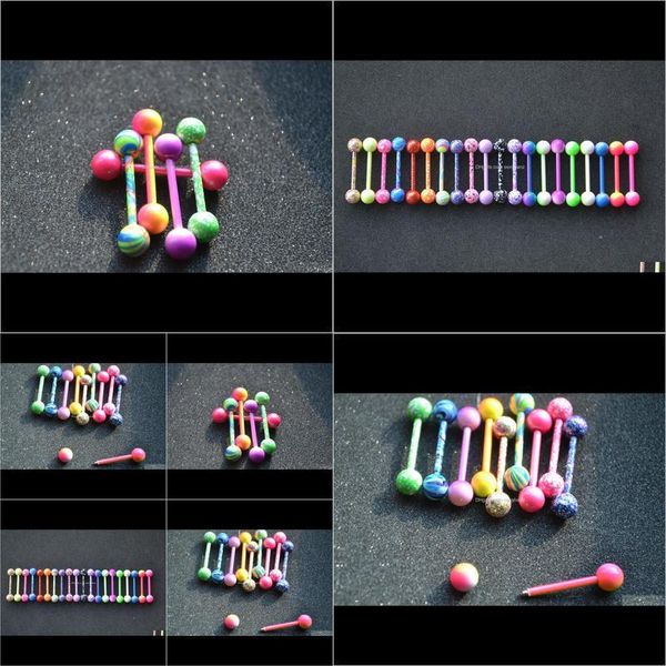 Otra joyería del cuerpo Color de caramelo mezclado 1.6 * 16 * 6 mm de largo Industrial Barbell Lengua Pendiente Piercing Bar Acero Ear Plug Camilla Entrega de gota