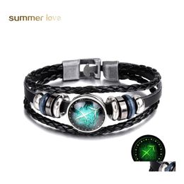 Andere armbanden 12 sterrenbeelden Mtilayer Lumineuze armband Fashion Diy Handmade geweven PU Leather Glass Buckle Zodiac kralenliefhebbers OT259