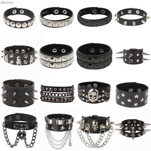 Autres bracelets 2022 Skull Star Heart Punk Gothic Gothic Rock trois rangs Metal Stubs Rivet Pu Le cuir bracelet Bracelet large bracelet240415