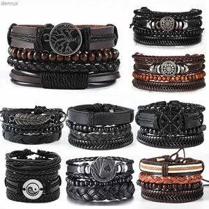 Autres bracelets 4pcs / ensemble Bracelets en cuir tressé enveloppe pour hommes arbre vintage arbre de gouvernail