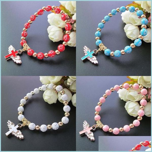 Autres Bracelets Bronzage Acrylique Croix Perle Bracelet Goutte À Goutte D'huile Ailes D'ange Pendentif Chapelet Bracelets Prière Religieuse Bracelet Bijoux Q2 Dhz9U