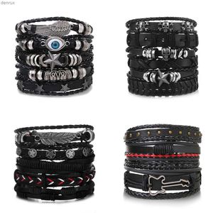 Andere armbanden Daxi Punk Meerlagige lager lederen armband set oogvleugels ster charmes kralen armbanden voor man feest gotische sieraden punk wrap polsbandl240415