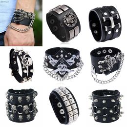 Autres bracelets Styles Diverses styles Skull Skeleton Chain Spikes Rivet Stud large Cuff Pu Leather Punk Gothic Rock Unisexe Bracelet Men Bijoux Bracelettl240415