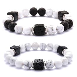 Autres bracelets Druzy 6PC Septum en acier inoxydable carré pierre volcanique perles rondes chaîne noir et blanc mode couple bracelet d'amitié