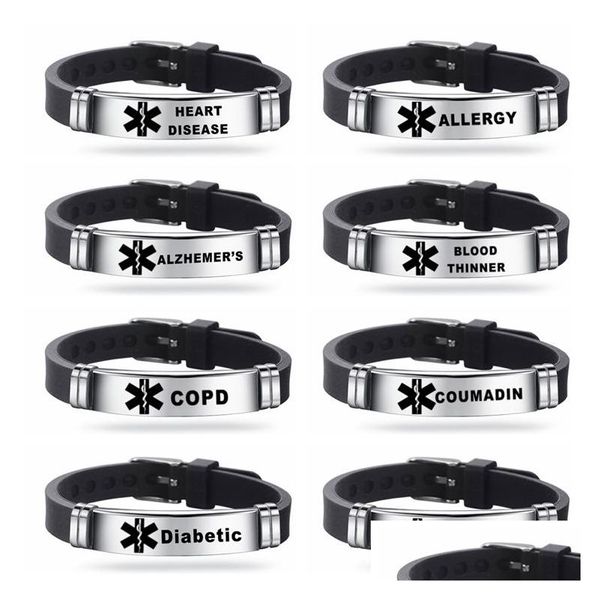 Otras pulseras Pulsera de identificación médica grabable: acero inoxidable para diabetes, epilepsia, alzhéimer, alergias. Unisex Sile Band Enteros Dh1Vj