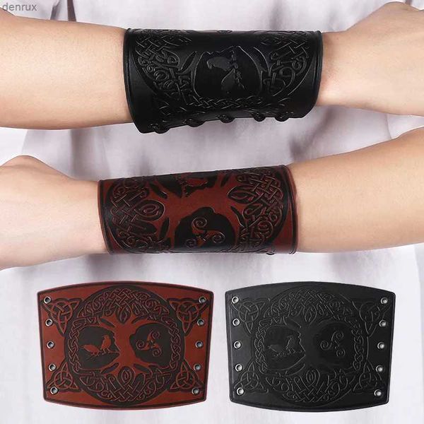 Otras pulseras Fashion Fashion Punk Wide Leather Armor Armor Guard Guardia de muñeca Viking Tree of Life Patrón ancho para el fantasía Showl240415