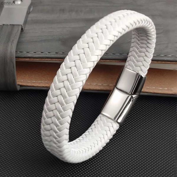 Autres bracelets Fashion Bracelet en cuir blanc simple Bracelet en acier inoxydable fermle pour hommes bracelet à la main