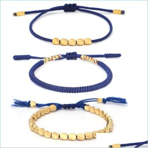 Autres bracelets Bracelet de perles de cuivre à la main tissé à la main réglable pompon chanceux bleu marine tressé corde corde cordon brin bracelet Q5 Dh5Tg