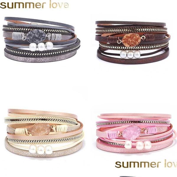 Autres Bracelets À La Main Mtilayer Bracelet En Cuir Druzy Résine Pierre Perle Manchette Wrap Magnétique Boucle Bracelet Bijoux De Vacances Dhg5U