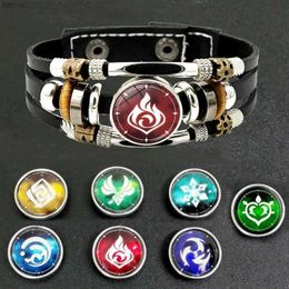 Andere armbanden Luminous Genshin Impact Leather Bracelet Game Cosplay Props Eye of God 7 Element Snap Button armbanden polsband voor mannen damesl240415