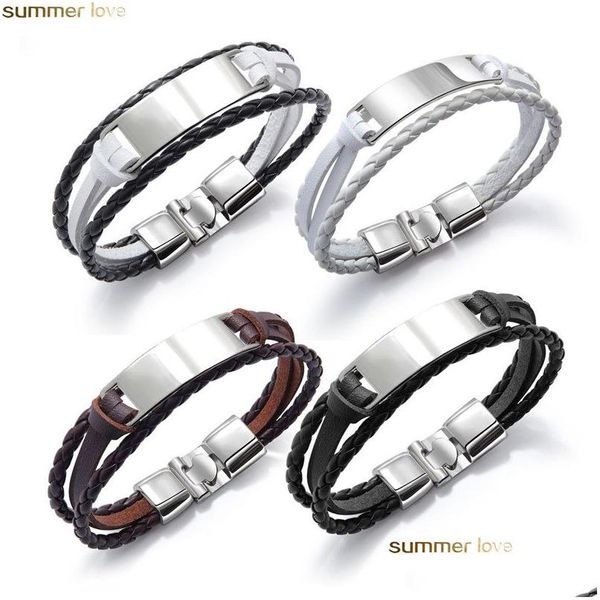 Otras pulseras Nueva etiqueta grabada Pulsera de cuero de acero inoxidable para hombre Diy Custom Layered Genuine Bangle Gift Drop Deli Dh6Vi