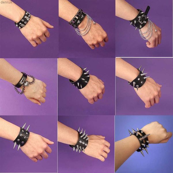 Otras pulseras New Heart Star Spike Pulsera de cuero Men Women Mujeres Punk Rock Bangle Goth Jewelry Cosplay Emo Gothic Accessoriesl240415