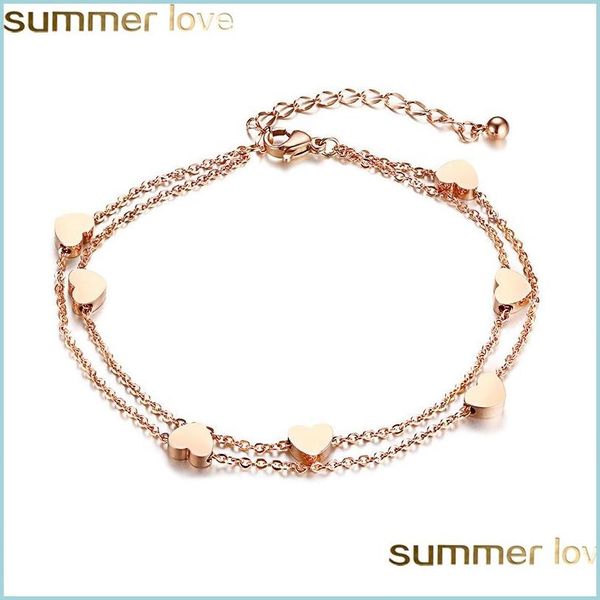 Autres bracelets Nouveau design simple Bracelet de charme en acier inoxydable 2 couches Rose Gold Link Chain Mini Hearts Lover Fashion Sweety Styl Dhlbj