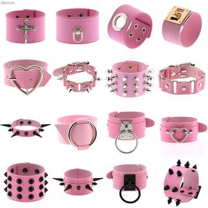 Andere armbanden roze kleur vrouwelijke brede lederen armbanden punk gevlochten armband voor mannen dames polsband bedel armbanden mannelijke gotische sieradenl240415