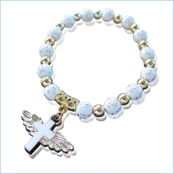Autres bracelets Bracelet de prière religieuse Bracelets de chapelet Bronzage Acrylique Croix Bracelet de perles Ailes d'ange Pendentif Chaînes Juif Lulubaby Dhquk