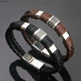 Andere armbanden vintage bruine lederen armbanden voor mannen echtgenoot roestvrij staal meerlagige gevlochten touw bangle pols sieraden geschenk pulsera hombrel240415