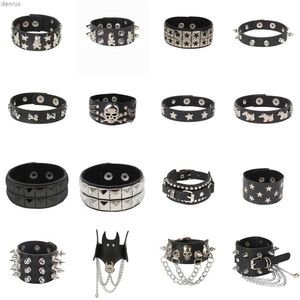 Andere armbanden Vintage Snap Punk Rock Wrap Black Pu Lederen Bracelet Men Star Skull Bot Gothic Brede Cuff armbanden voor vrouwen JewelryL240415