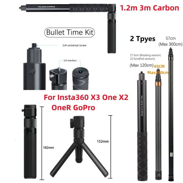 Autres produits de caméra pour Insta360 One X3 X2 GoPr Go 3 Accessoire 1 2m 3 m Fibre de carbone Invisible Selfie Stick Bullet Time Poignée rotative Trépied 230823