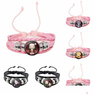 Otros accesorios de dibujos animados Demon Slayer Kimetsu No Yaiba Pulsera Kamado Tanjirou Nezuko Brazaletes de cuero hechos a mano Entrega directa Dhs1R