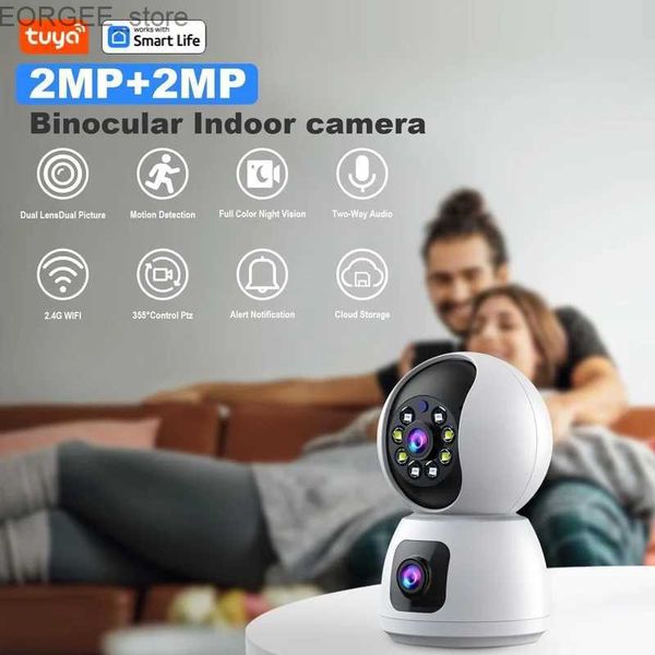 Autres caméras de vidéosurveillance Double objectif WiFi Indoor Security Camera 2MpTUya App for Home Security Pet Cameramotion Tracking2k Color Night Vision2way Audio Y240403