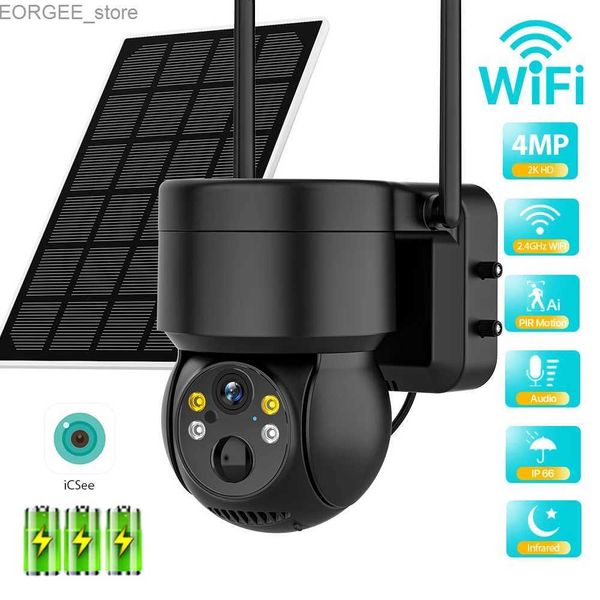 Autres appareils photo CCTV PTZ IP Camera Caméra Solar WiFi sans fil extérieur avec panneau solaire 4MP HD intégré 7800mAh RECHARGE BATTERIE PIR ALARME HUMAINE ICSEE Y240403