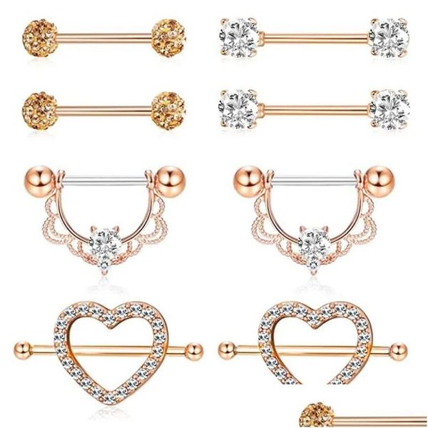 Autres charmes Acier chirurgical Coeur Nipple Piercing Set 14G Barre de cristal Lot Langue Bague Pack Charme Bijoux Drop Livraison Outils Equiper DHC7I