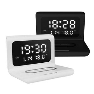 Otros relojes Accesorios 3 en 1 Escritorio LED Reloj despertador digital con cargador de teléfono inalámbrico QI Tiempo de carga rápida Pantalla de temperatura Elec