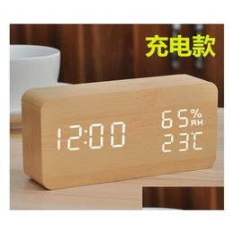 Andere klokken accessoires Alarm Bell Creatieve elektronische LED Wood Clock -besturing Geschenk medium rechthoekige temperatuur en humidit Dhofl