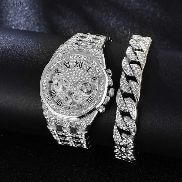 Autres Cool Iced Out + Bracelet pour hommes femmes Couple luxe or diamant horloges avec chaîne cubaine bijoux livraison directe YQ240122