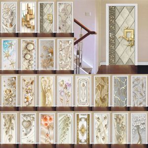 Autres autocollants décoratifs 3D Or Porte Décoration Marbre Simple Lignes Abstraites Fleurs Papier Peint Pour Salon Décor À La Maison Chambre Art Stickers 230403