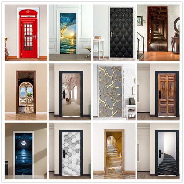 Autres autocollants décoratifs 3D Design moderne porte autocollant auto-adhésif vinyle porte murale affiche décor à la maison Art décalcomanie pour salon chambre porte décoration 230204