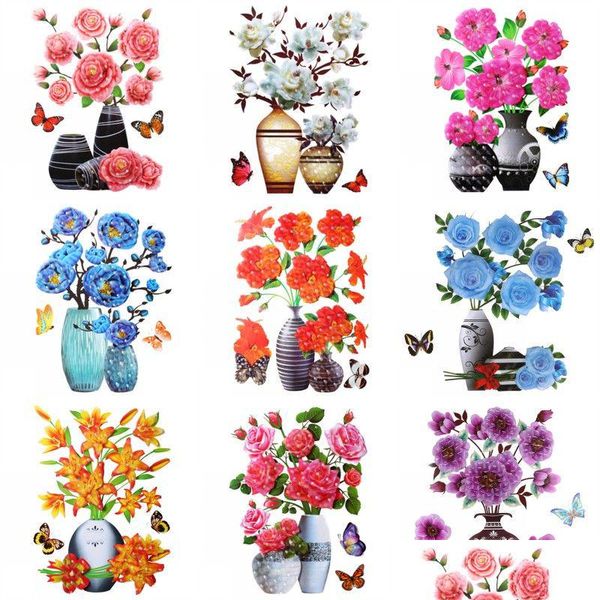 Autres autocollants décoratifs Stickers muraux stéréo 3D Simation Vase à fleurs Auto-adhésif esthétique romantique mural pour porte de chambre de maison Frid Dhr9L