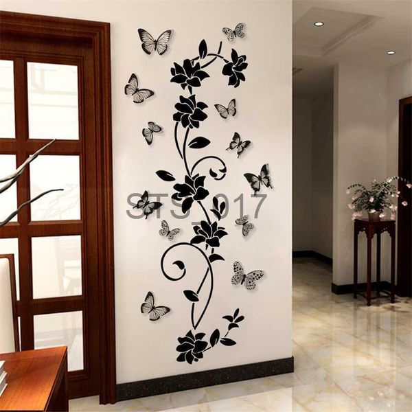 Otras pegatinas decorativas Pegatinas de pared de flores de mariposa negra 3D Refrigerador Armario Cocina Decoración Calcomanía Papel tapiz Decoración de armario para el hogar Pegatina de pared de PVC x0712